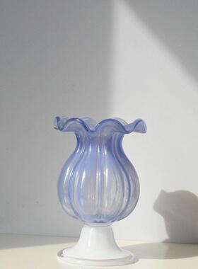 法式中古简约玻璃花瓶白菜器皿紫色拼白底座风灯手工水养花器摆件