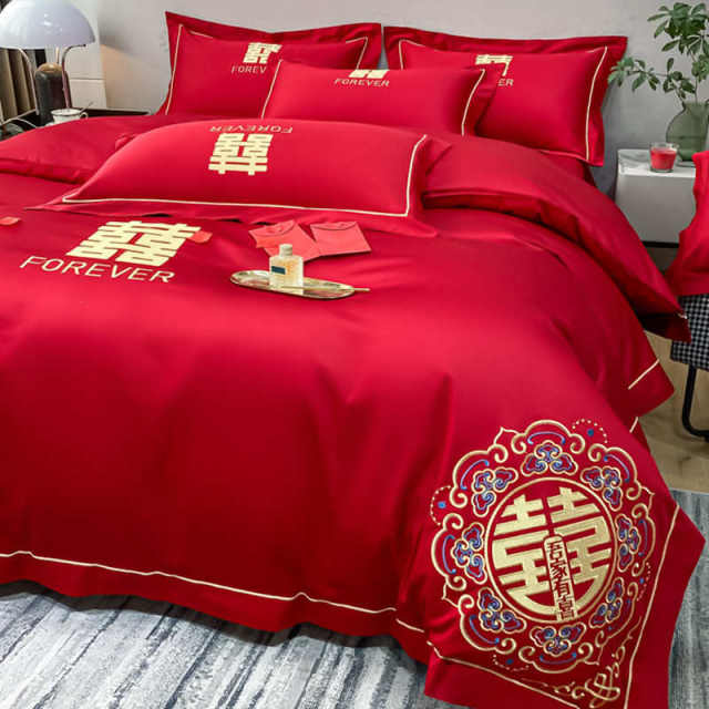 New wedding four-piece set wedding big red simple embroidered quilt cover bed sheet wedding quilt bedding