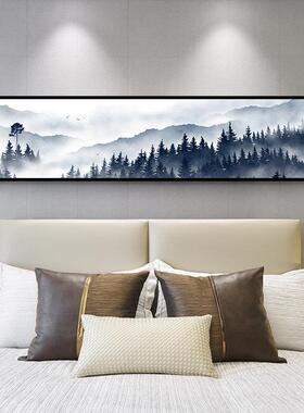 新中式床头卧室装饰画抽象艺术山水横版壁画主卧房间挂画花鸟水墨