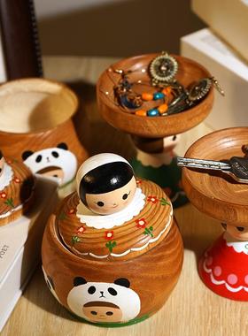 木雕娃娃顶盘熊猫收纳罐匙饰储木雕摆件物首盒玄关入户创意小摆件
