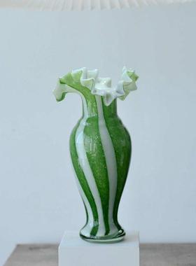 手工制作琉璃花瓶中古风苔绿奶油白六条纹芬顿美人瓶插花玻璃花器