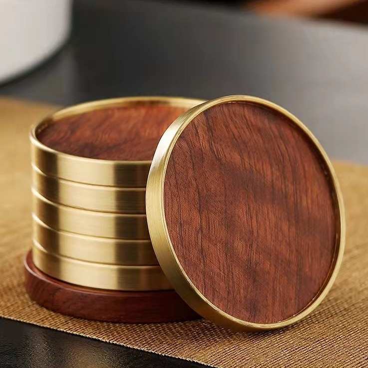Pure brass tea ceremony coaster copper wood tea cup holder ebony rosewood mat heat-proof and non-slip creative light luxury tea set coaster