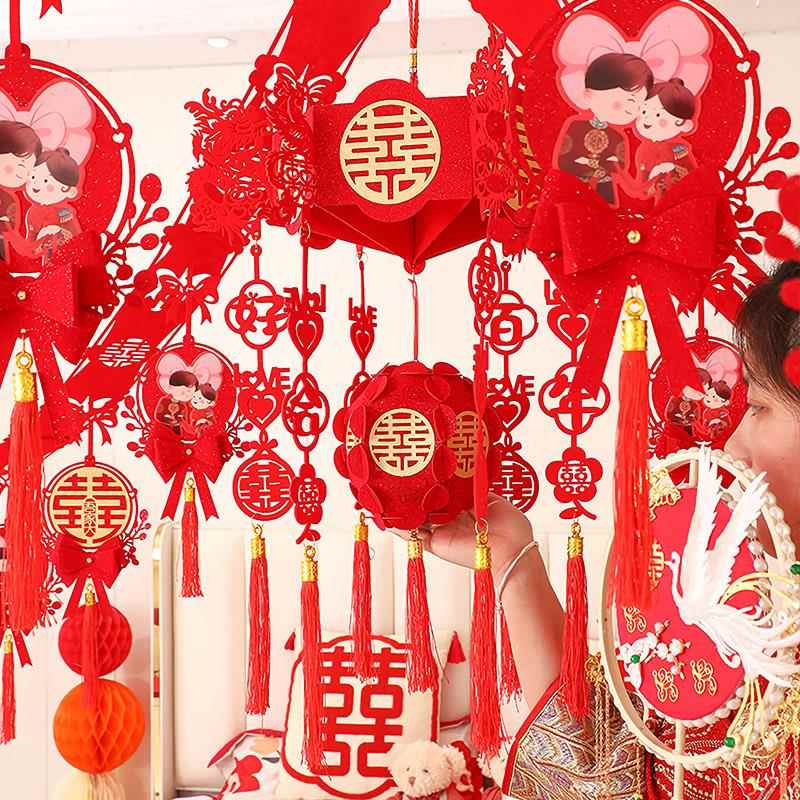 婚房天花板拉花女方布置娘家简单大方喜字吊饰结婚客厅大气装饰品
