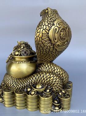黄铜聚宝盆蛇摆件纯铜福蛇生肖蛇风水古玩家居装饰工艺品摆件