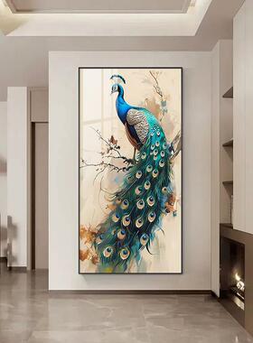 玄关装饰画竖版走廊过道挂画中国风入户客厅正对门墙画孔雀壁画