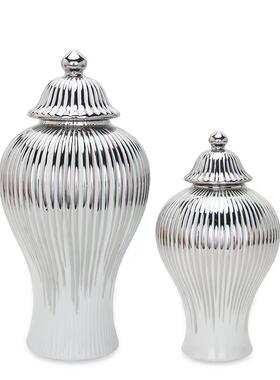 陶瓷轻奢电镀将军罐欧式花插花瓶工艺品摆件玄关软装装饰储物罐