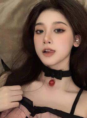 粉色蝴蝶结铃铛项链女纯欲可爱性感颈带项圈配饰链子choker颈圈潮