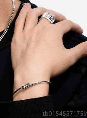 正品J风ANENG 闭925纯银光面口手镯chic极简男款搭配女串饰卡扣手