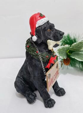 独立站新品跨境戴圣诞老人帽子的假日欢迎牌狗黑色雕像树脂工艺品