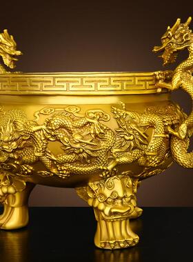 纯黄铜九龙香炉摆件三足双龙戏珠家用供奉祠堂佛堂寺庙烧香焚香大