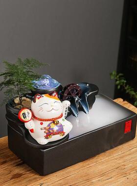 中式MRI招财猫流水摆件循环水流生财客厅办公业室桌面装送饰开礼