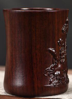 黑檀木雕荷花笔筒摆件工艺品实木收纳筒教师节礼品送长辈生日礼物