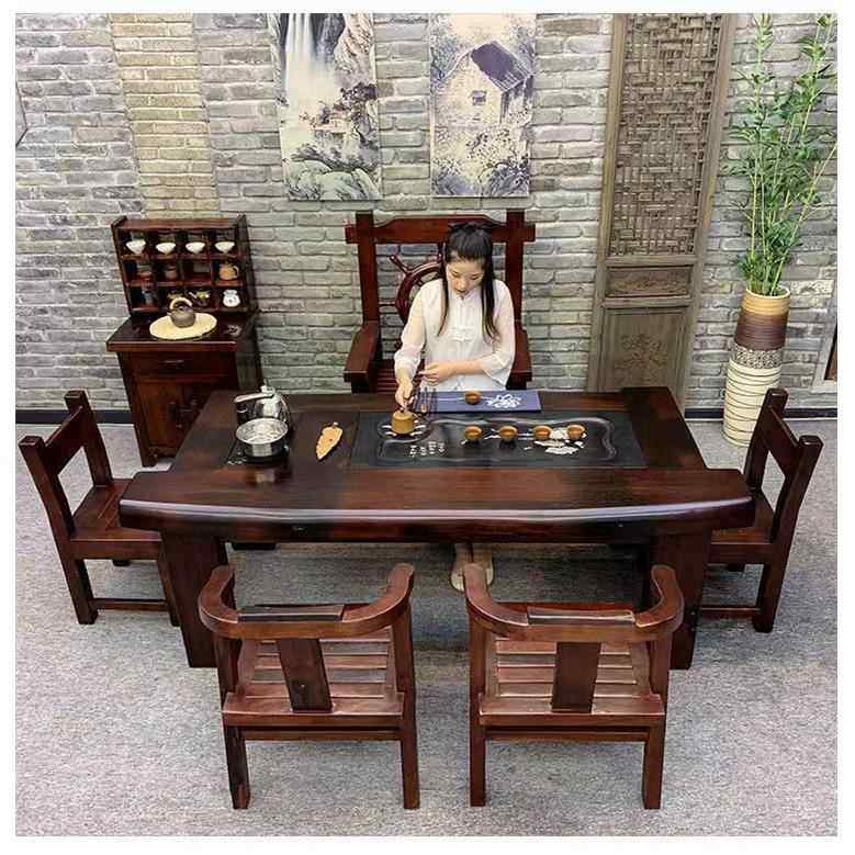Authentic old wooden tea table combination Chinese style wooden tea table tea table curved stone tea tray electromagnetic chair real furnace tea set a boat