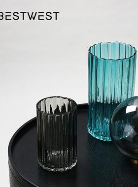 Best west 彩色透明竖楞纹水培玻璃花瓶家居客厅软装饰品插花器