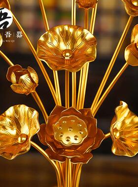 手工鎏金莲花佛前供佛花瓶摆件佛堂供奉彩绘彷真荷花大小号铝金花