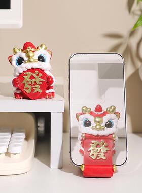 国潮舞龙醒狮手机架树脂工艺品平板支撑架子创意发财工位桌面摆件
