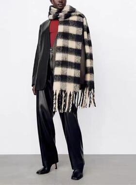 Home Black Rice Grid Coarse tassel Scarf Women's Thick