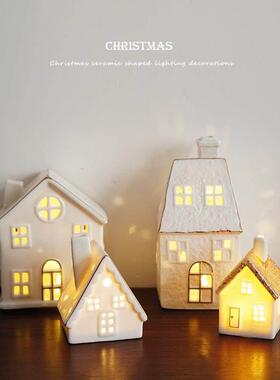 高档精致孤品 出口北欧描金边镂空房子圣诞树陶瓷灯饰摆件 小礼物