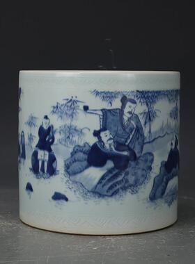 大清康熙年制青花竹林七贤笔筒 包老瓷器 旧货老货 收藏品