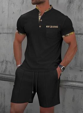Men's Zipper Collar Short Sleeve T-shirt Shorts Set