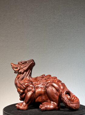 新款直销紫檀绿檀木雕白泽祥瑞兽摆件手把件供奉车内中控家居装饰