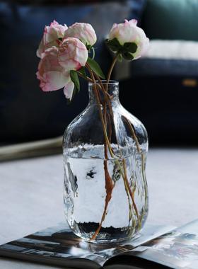 现代简约小口水波纹透明玻璃花瓶客厅餐桌水培仿真花装饰花瓶