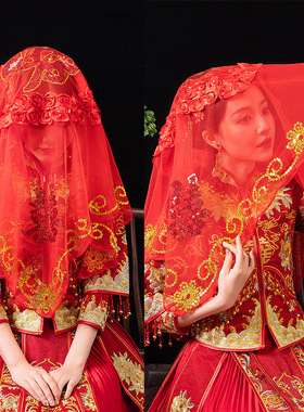 红盖头新娘结婚蕾丝红色古风头纱