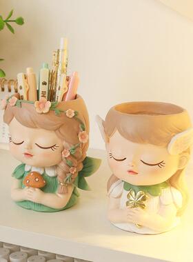 童话精灵桌面学生卡通天使笔筒学习文具收纳创意礼品树脂工艺品