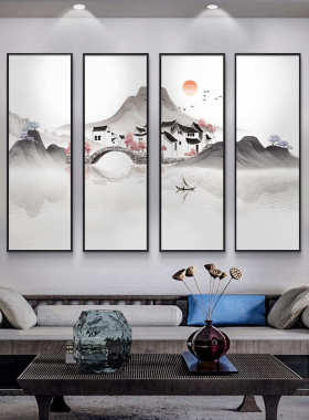江南水墨风景山水画新中式饭店包厢餐厅桌装饰画四联组合墙面壁画