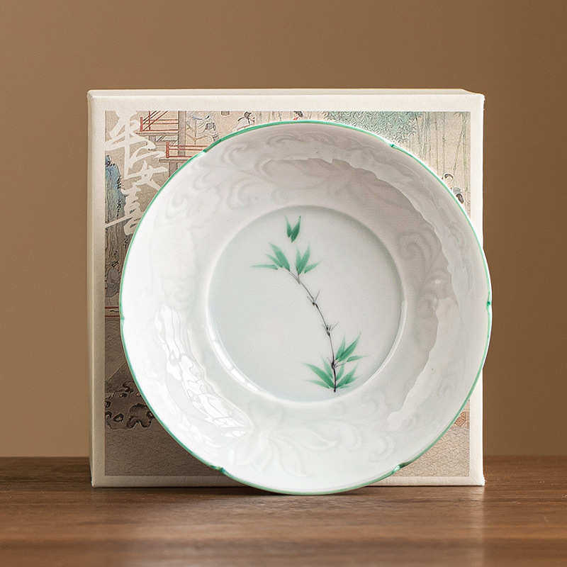 手绘绿竹葵口壶承干泡台德化白瓷功夫茶壶垫中式点心盘水果盘托盘,淘宝优惠券,粉丝福利购,淘宝优惠卷