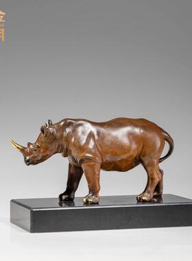 铜金岁月喜事临门犀牛黄铜摆件家居客厅玄关壁龛彩铜犀牛装饰摆件