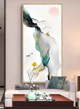 似锦新中式轻奢玄关装饰竖版走廊过道挂画绿色晶瓷壁画荷叶鱼图