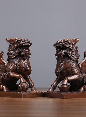 铜欣祥紫铜瑞兽财富麒麟摆件家居办公室铜麒麟一对工艺品礼品
