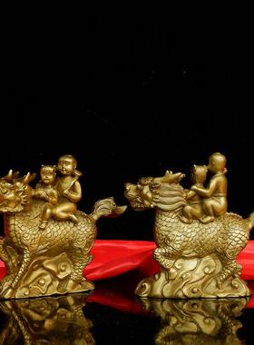 包邮风水精雕纯铜麒麟摆件麒麟送子送福子一对铜麒麟