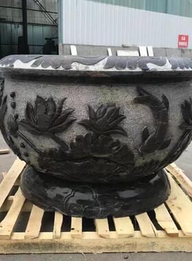 石雕鱼缸大理石黑色花盆做旧庭院户外石雕荷花缸别墅养鱼石缸