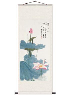 五色荷花张大千真迹复制丝绸画水墨画卷轴画花鸟国画荷花图可定制