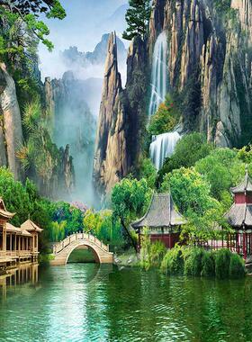 仙家画堂口画天宫仙境无活物壁画墙贴小桥亭子山水风景装饰画挂画