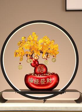 中式黄水晶发财树摆件客厅玄关卧室床头带灯装饰摆设乔迁新居礼品