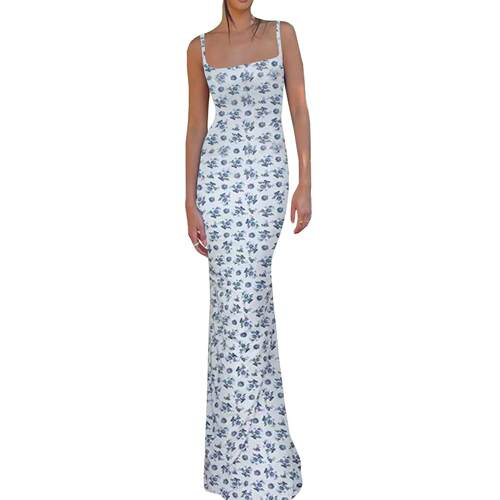 Women Sweet Floral Print Back Straps Slinky Dress Slim - 图1