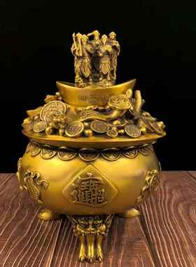 黄铜香炉黄铜聚宝盆五路财神聚宝盆摆件大号家居工艺品铜器
