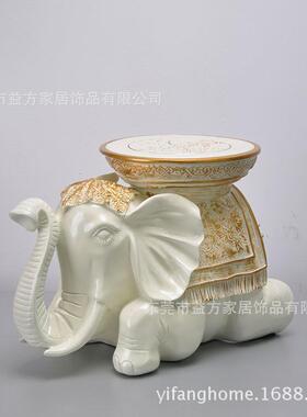 欧家居美风格米色圆形凳面号米小跪姿大象白凳子KS007W玄关实用摆