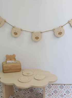 创意可爱熊头小兔笑脸木质彩旗儿童房装饰挂件可做杯垫韩风摆件