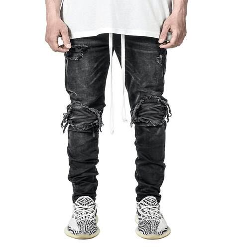 Men's Elastic Long Pants Ripped Knee Patches Fashion Slim - 图2