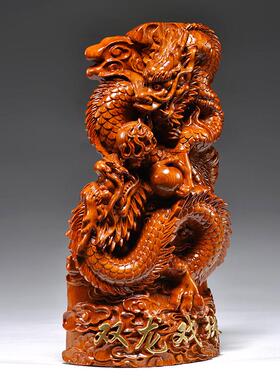 花梨木雕龙摆件实木质双龙戏珠家居客厅办公室装饰生肖工艺品送礼
