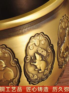黄 铜十二生肖招财缸 聚宝盆客厅书房桌面装饰品工艺品摆件