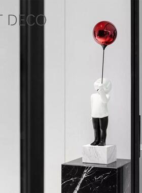 拿红气球男孩雕塑样板间客厅玄关大理石人像摆件极简现代软装饰品
