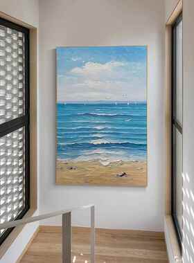 网红手纯鸥画绘油画竖画版画大海沙滩装饰青青海挂蓝天白云壁中新