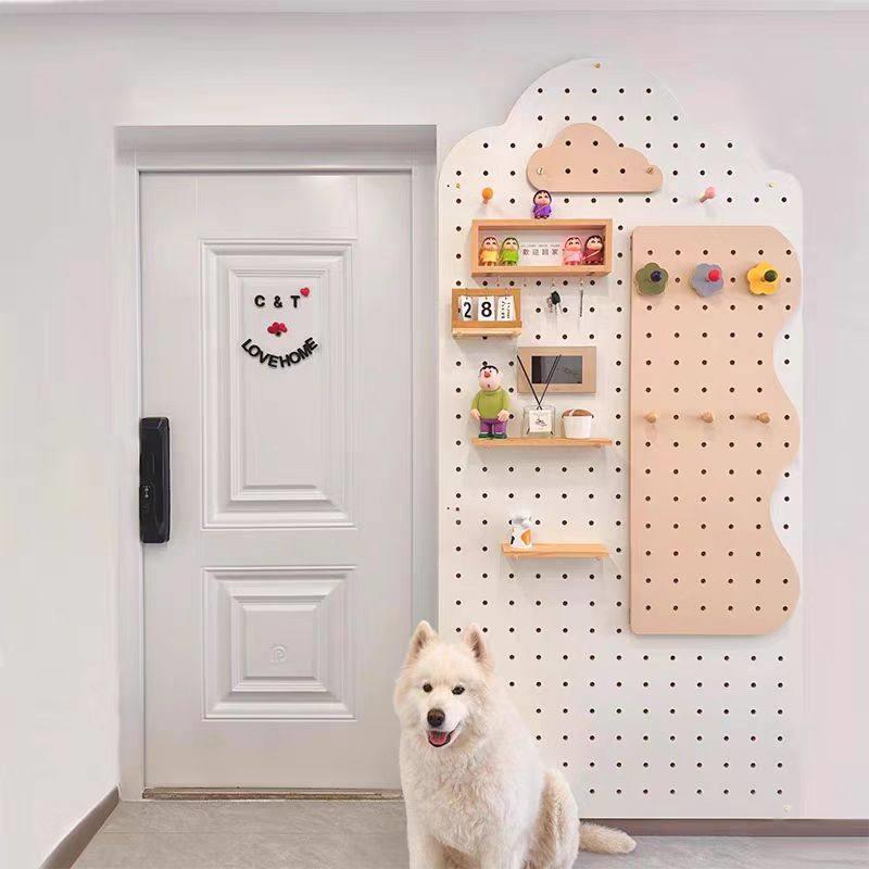 Solid wood cloud hole board full-length mirror integrated custom entry porch storage rack door behind wall storage hanger