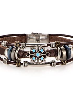 Vintage flower Turquoise mens Leather Bracelet绿松石皮手炼