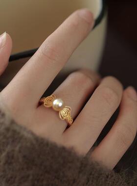 2026时尚人造珍珠金色蝴蝶结食指戒指女夏小众设计轻奢高级感新款